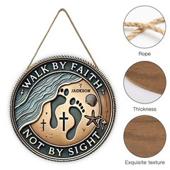 Customized Beach Footprint Wooden Door Sign - Personalized Name Round Wooden Door Plaque with Christ Theme - A Gift For Friend,Family,BFF,Christian