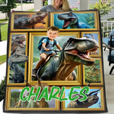 Customized Dinosaur Blanket - Personalized Name and Photo Riding Dinosaur Themed Flannel Blanket - A Gift For Children,Boy,Classmate