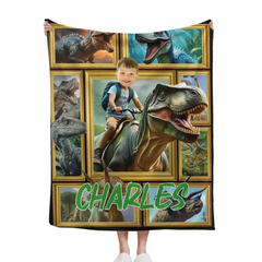 Customized Dinosaur Blanket - Personalized Name and Photo Riding Dinosaur Themed Flannel Blanket - A Gift For Children,Boy,Classmate