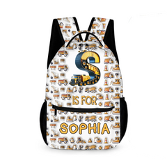 Construction Vehicle - Personalized First Letter Customized Boy Backpack - School Season Gift for Boys