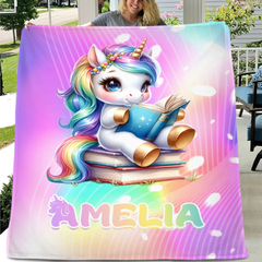 Unicorn Reading Book Custom Blanket - Gift for Kid