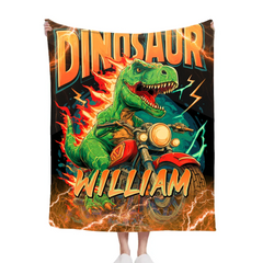Lightning Dinosaur Riding Motorcycle Custom Blanket - Personalized Name - Gift For Dinosaur Lovers