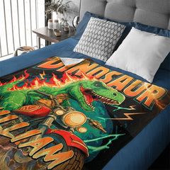 Lightning Dinosaur Riding Motorcycle Custom Blanket - Personalized Name - Gift For Dinosaur Lovers