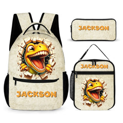 Cartoon Dinosaur Bursts Through Hole Custom Backpack - Personalized Name