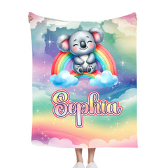 The Dreaming Koala On The Rainbow Custom Blanket - Personalized Name - Start The School Season - SDG