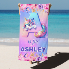 Flower Unicorn Custom Beach Towel - Personalized Initial and Name Bath Towel - Fashionable Items