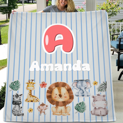 Customized Animal Pattern Colorful Vertical Stripe Blanket - Personalized Name - Gifts For Child