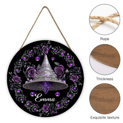 Customized Witch Magic Flower Hat House Door Plate - Personalized Name Wooden Sign