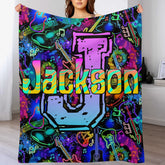 🎸Customized Black Neon Music Notes & Guitars Blanket - Personalized Name - Gifts For Rockstars, Music Lovers
