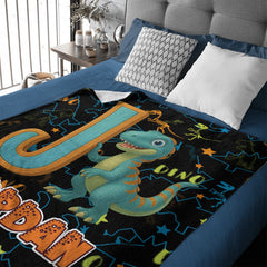 Custom Dinosaur Alphabet Blanket – Personalized Kids Name Initial Throw – Gift for Boys & Girls