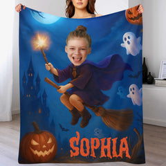 Customized Halloween Fun Blanket - Personalized Photo And Name Witch Blanket - Gift for Kids & Girls