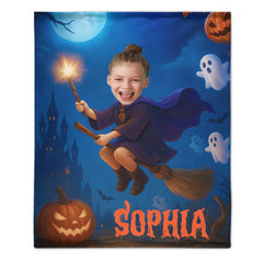 Customized Halloween Fun Blanket - Personalized Photo And Name Witch Blanket - Gift for Kids & Girls