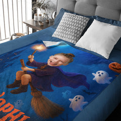Customized Halloween Fun Blanket - Personalized Photo And Name Witch Blanket - Gift for Kids & Girls