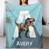 Custom Dinosaur Initial Blanket - Personalized Dino Name Throw Blanket - Gift for Kids