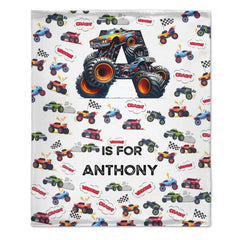 Custom Race Car Number Blanket - Personalized Monster Truck Birthday Throw - Gift for Kids, Boys