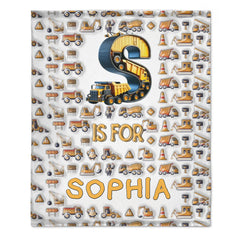 Custom Construction Truck Blanket - Personalized Excavator & Vehicle Alphabet Throw - Gift for Kids, Boys