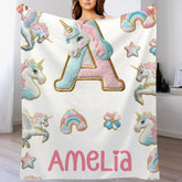 Custom Unicorn Alphabet Blanket - Personalized Initial & Name Rainbow Throw - Gift for Girls, Kids