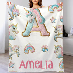 Custom Unicorn Alphabet Blanket - Personalized Initial & Name Rainbow Throw - Gift for Girls, Kids