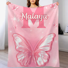 Pink Butterfly Pattern Name Custom Initials Custom Girl Blanket - A Gift For Girls