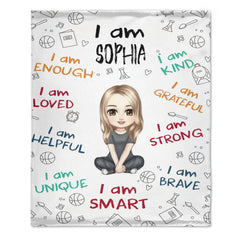 I Am Enough, Loved, Helpful, Unique, Smart - Personalized Cartoon Characters and Name Blanket - Gift for Kid, Children