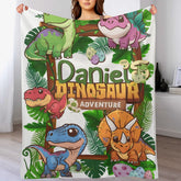 Custom Dinosaur Adventure Blanket โ Personalized Jungle Dino Throw โ Gift for Boys