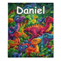 Custom Colorful Dinosaur Blanket – Personalized Dino Jungle Throw – Gift for Kids