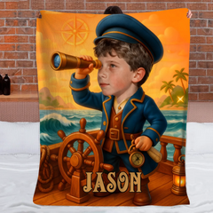 Custom Captain Adventure Blanket – Personalized Nautical Throw – Gift for Kids