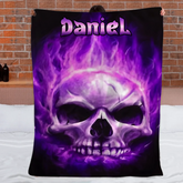 Custom Skull Purple Fire Blanket – Personalized Name Flannel Blanket - Home Decoration Gifts