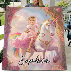 Customized Unicorn Princess Blanket - Personalized Name and Photo Soft Flannel Blanket - A Gift For Daughters, Girls