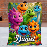 Custom Colorful Dinosaur World Blanket – Personalized Name – Gift for Kids & Teens