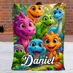 Custom Colorful Dinosaur World Blanket – Personalized Name – Gift for Kids & Teens