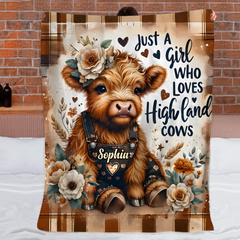 Just A Girl Who Loves Highland Cows Custom Blanket – Personalized Name – Gift for Girls, Highland Cows Lovers