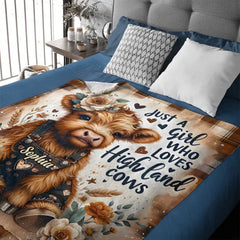 Just A Girl Who Loves Highland Cows Custom Blanket – Personalized Name – Gift for Girls, Highland Cows Lovers