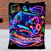 Neon Gaming Controller Custom Blanket - Personalized Name - Gifts for E-sports Player, Game Enthusiasts