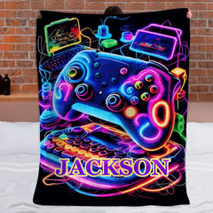 Neon Gaming Controller Custom Blanket - Personalized Name - Gifts for E-sports Player, Game Enthusiasts