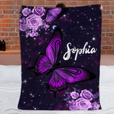 Purple Butterfly Flower Custom Blanket - Personalized Name - Gifts for Girl, Woman