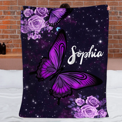 Purple Butterfly Flower Custom Blanket - Personalized Name - Gifts for Girl, Woman