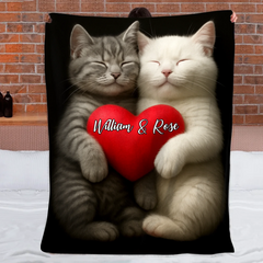 Romantic Love Cat Pattern Customized Blanket - Personalized Name - Gifts For Couple, Cat Lovers, Cat Owners