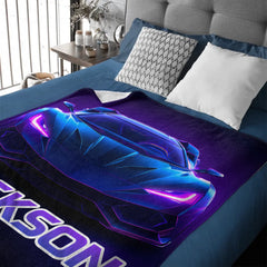 Neon Purple Car Customized Blanket - Personalized Name - Gifts For Racing, Car Lovers