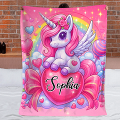 Customized Dreamy Pink Unicorn Blanket - Personalized Name - Gifts For Girls, Unicorn Lovers