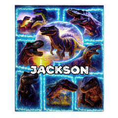 Customized Dinosaur Blue Flame Splice Print Blanket - Personalized Name - Gifts For Kids, Dinosaur Lovers