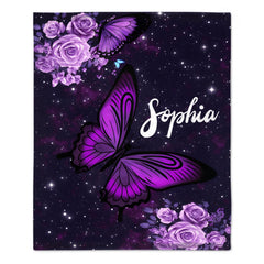 Purple Butterfly Flower Custom Blanket - Personalized Name - Gifts for Girl, Woman