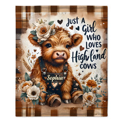 Just A Girl Who Loves Highland Cows Custom Blanket – Personalized Name – Gift for Girls, Highland Cows Lovers