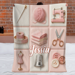 Love Sewing Pink Customized Blanket - Personalized Name - Gift For Her, Sewing Lovers