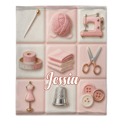 Love Sewing Pink Customized Blanket - Personalized Name - Gift For Her, Sewing Lovers