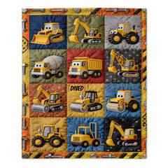Construction Machines Customized Blanket - Personalized Name - Gift For Kids, Children, Building Machinery Enthusiast