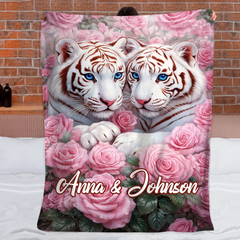 Blossoming Roses & White Tigers Customized Blanket – Personalized Name - Gift For Animal Lovers