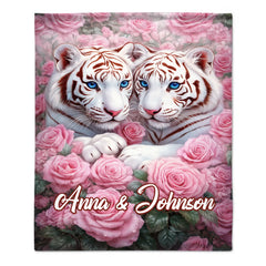 Blossoming Roses & White Tigers Customized Blanket – Personalized Name - Gift For Animal Lovers