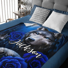 Dark Night Rose Flower Wolf Custom Blanket - Personalized Name - Gift For Friends, Wolf Lovers