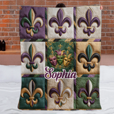 Fleur De Lis Mardi Gras Customized Blanket - Personalized Name - Holiday Gift for Friends